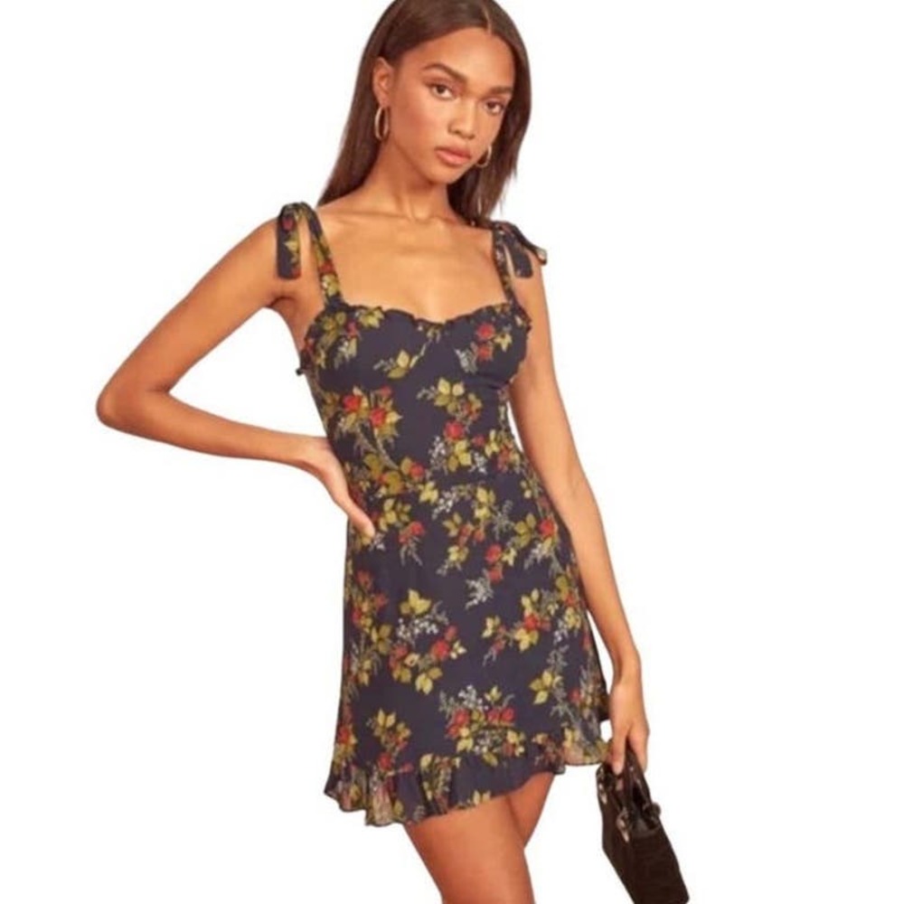 Reformation Floral Mini Dress - Black and Yellow
